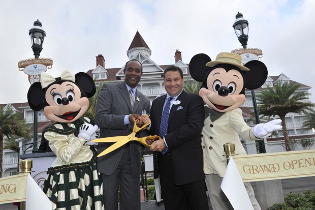 The Villas at Disney’s Grand Floridian Resort & Spa opened October 23, 2013 at Walt Disney World Resort in Lake Buena Vista, FL. Ken Potrock (right), senior vice president and general manager, Disney Vacation Club and Norm Noble (left), general manager, Disney's Grand Floridian Resort & Spa joined Mickey and Minnie Mouse to celebrate the grand opening. Located within walking distance of a monorail ride to Magic Kingdom Park, the resort resides alongside the picturesque shores of Seven Seas Lagoon. (Gene Duncan, photographer)
