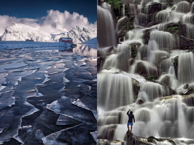 دریاچه ی یخ زده، جزایر لوفوتن، و آبشار، نروژ